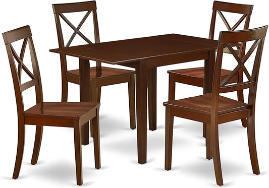 East West Furniture NDBO5-MAH-W 5 Piece Dining Room Furniture Set Includes a Rectangle Dining Table with Dropleaf and 4 Wood Seat Chairs, 30x48 Inch, Mahogany