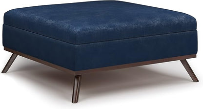 SIMPLIHOME Owen 36 inch Wide Mid Century Modern Square Coffee Table Storage Ottoman in Distressed Dark Blue Vegan Faux Leather, Assembled, for the Living Room, Entryway and Family Room