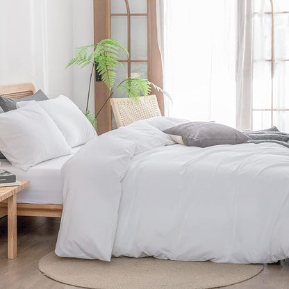 BESTOUCH Duvet Cover Set 100% Washed Cotton Linen Feel Super Soft Comfortable Chic Lightweight 3 PCs Home Bedding Set Solid Bright White Queen