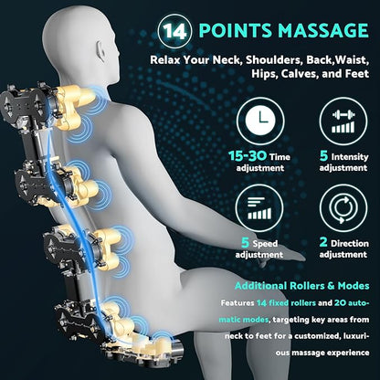 Massage Chair, Zero Gravity Full Body Massage Chair Extra Large Shiatsu Recliner w/ 14 Massage Points, Lumbar & Calf Heating, 20 Auto Modes, Air Compression, Bluetooth Speaker, Touch Screen Controller