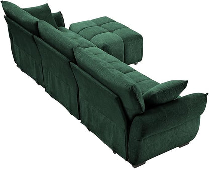 Modern Chenille Fabric 3-Seat Sofa w/Ottoman+2 Pillows, Premium Upholstery Living Room Couch with Tufted Backrest & Comfortable Armrests and High-Resilience Memory Foam Cushions,Green
