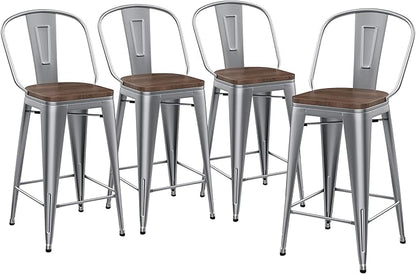 Yongqiang 26 inch Bar Stools Set of 4 Kitchen Counter Height Bar Chairs High Back Silver Metal Barstools with Large Wooden Seat