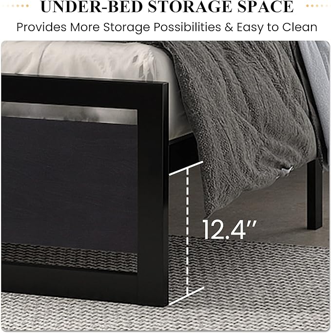 SHA CERLIN Full Size Bed Frame with Modern Headboard, Heavy Duty Platform Metal Base with Square Footboard and 13 Strong Slats Support, No Box Spring Needed, Black