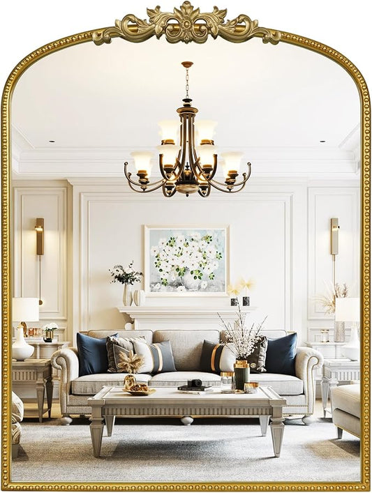 WallBeyond Gold Vintage Mirror - 24x32 Inch, Arched Antique Mirror with Ornate Frame for Bathroom, Living Room, Fireplace, Entryway