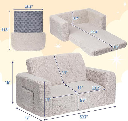 ALIMORDEN Fold Out Toddler Couch, Extra Wide Comfy 2-in-1 Cuddly Sherpa Sofa for Kids, with Removable Baby Friendly Blanket, Convertible Sofa to Bed, Light Grey