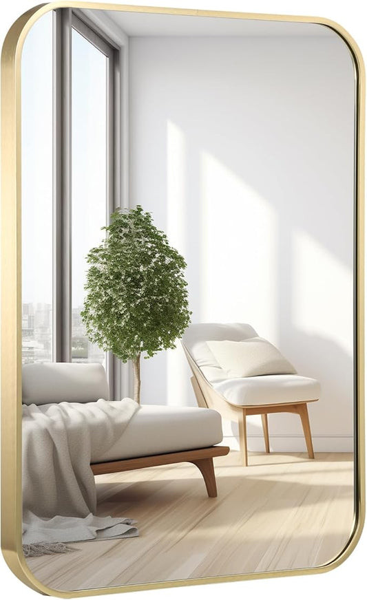 16x24 Inch Bathroom Mirror for Wall,Gold Framed Rectangle Mirror with Rounded Corner,Aluminum Alloy Framed Brushed Wall Mirror for Bedroom or Living Room,Vertical or Horizontal