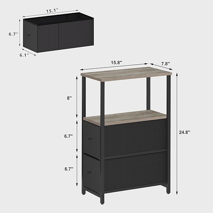 TUTOTAK Small Narrow End Table, Set of 2, Side Table, Nightstand with 2 Cloth Drawers, Couch Table, for Living Room, Bedroom, Bedside, Greige TB01BG054