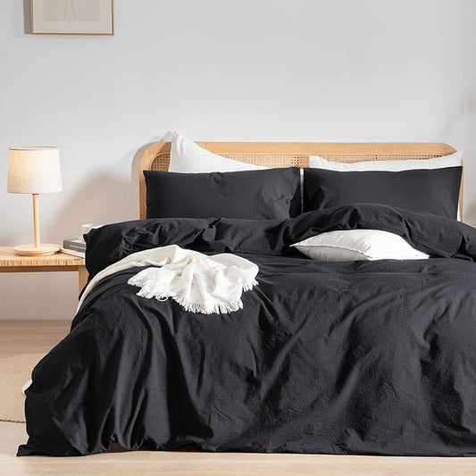 BESTOUCH Duvet Cover Set 100% Washed Cotton Linen Feel Super Soft Comfortable Chic Lightweight 3 PCs Home Bedding Set Solid Deep Black Super King Plus