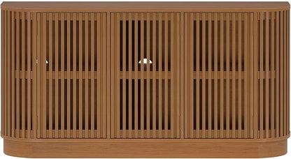 Plank+Beam Contour Wood TV Stand, Three Door Solid Wood Entertainment Console with Storage, 59" L x 16" W x 30" H, Pecan