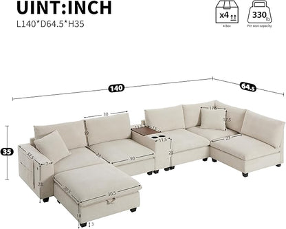 Merax 140'' Oversized Modular Sectional Sofa with Storage Ottoman and Console, Removable Storage Pockets, Cup Holder, Wide Seat, USB Charger, 6 Seat U Shaped Chenille Couch Set for Living Room, Beige