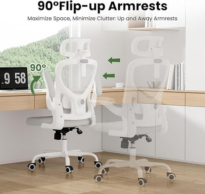 Ergonomic Office Chair, Comfy Home Office Chair High Back Computer Chair with Headrest, Adjustable Back Support, Flip-Up Arms, 90-120° Tilt and Wide Cushion, Up to 300lbs,White
