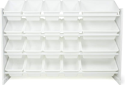 Humble Crew Extra-Large Toy Organizer with 20 Plastic Bins – White/White Storage Rack with 4-Tier Shelves, Anti-Tip Safety, for Kids’ Rooms, Playrooms, Nurseries & Classrooms