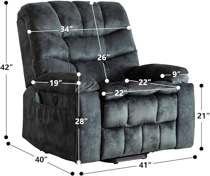 Phoenix Home Large Power Lift Recliner with Massage and Heat for Elderly, Heavy Duty & Safety Motion Reclining Mechanism, Ergonomic Electric Wider Chair with USB Port, 2 Hidden Cup Holders, Gray Green