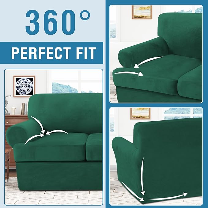 H.VERSAILTEX Sofa Cover 3 Piece T Cushion Sofa Slipcovers Thick Velvet Couch Cover Stretch T Cushion Sofa Covers for 2 Cushion Couch with 2 Individual T Cushion Covers, Vintage Green