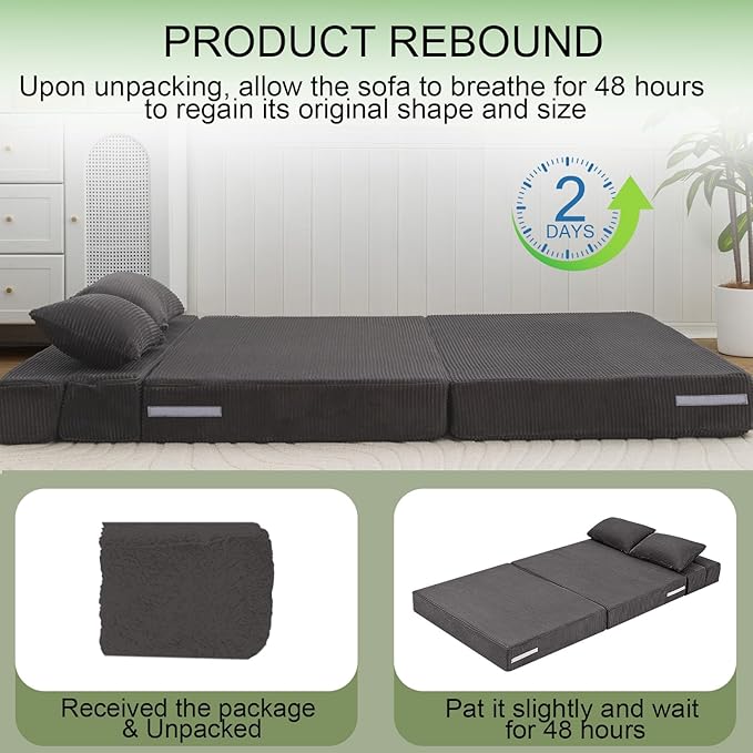 MeMoreCool Boneless Folding Sofa Bed Queen, Corduroy Convertible Sleeper Chair, Foldable Foam Mattress Chair, Comfy Fold‑Out Futon Couch Bed, Large Floor Sofa Couch for Living‑Room Guest