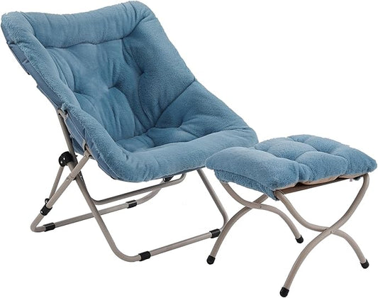 Tiita Folded Chair with Ottoman, Soft Faux Fur Oversized Folding Accent Chair,Lounge Lazy Chair, Metal Frame Moon Chair for Bedroom, Living Room, Dorm Rooms, Garden and Courtyard
