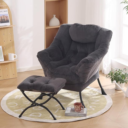 Oversized Chair with Ottoman, Modern Reading Chair, Lounge Accent Chair with Armrests and a Side Pocket for Small Space, Bedroom, Study, Living Room (Plush Dark Greyish Blue)