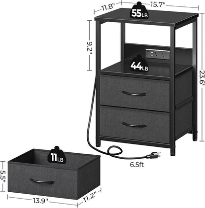 Seventable Nightstand Set of 2 with Charging Station, Bedside Table with LED Lights, Night Stand with 2 Fabric Drawers, 3-Tier Storage End Table for Bedroom, Black