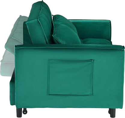 Ball & Cast 55" Convertible Sofa Bed,3 in 1 Sleeper Sofa W/Pull-Out Bed,Convertible Pull Out Couch W/2 Pillows,Adjustable Backrest & Side Pocket,Velvet Futon Couches for Living Room,Apartment,Green