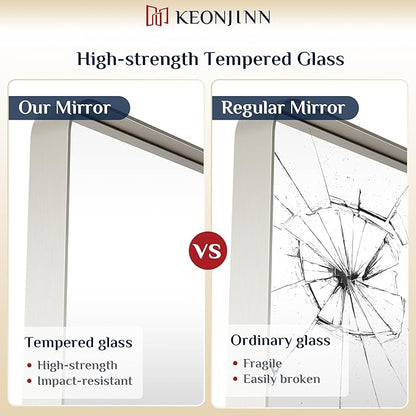 Keonjinn Brushed Nickel Mirror 24 x 32 Inch Silver Bathroom Mirror for Over Sink, Rounded Rectangle Farmhouse Vanity Mirror, HD Tempered Glass Wall Mirror, Aluminum Alloy Frame (Horizontal/Vertical)