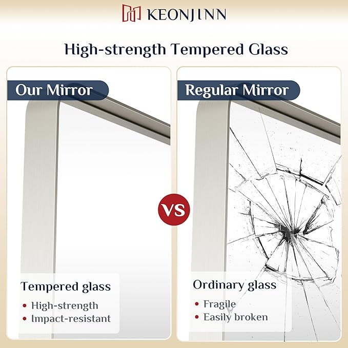 Keonjinn Brushed Nickel Mirror 48” x 24” Silver Bathroom Mirror for Over Sink, Rounded Rectangle Farmhouse Vanity Mirror, HD Tempered Glass, Metal Framed Full Length Wall Mirror(Horizontal/Vertical)