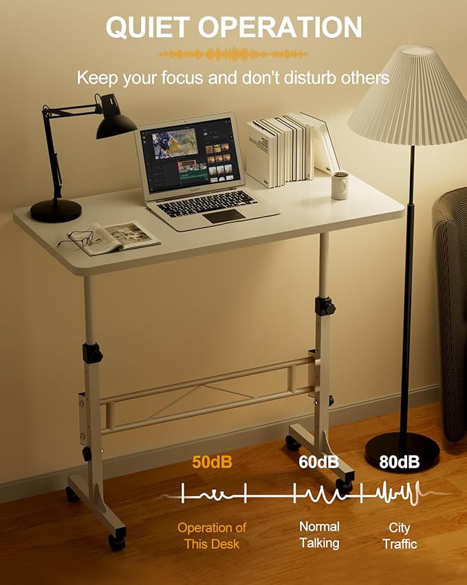 Small Standing Desk Adjustable Height, Mobile Stand Up Desk with Wheels, 32 Inch Portable Rolling Desks Computer Office Workstations for Walking Pad Treadmill White