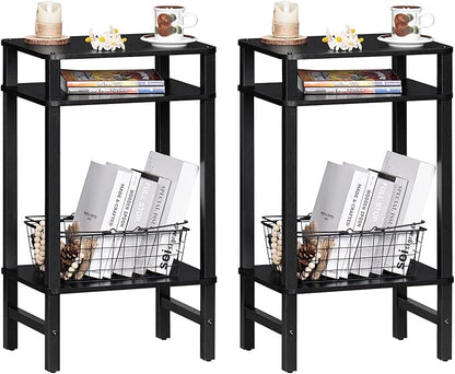 28in Tall Side Table Set of 2, 3-Tier Small Narrow End Table for Couch, Skinny Nightstand for Small Space, Farmhouse Slim Night Stand with Storage, Wooden Frame Thin Bedside Table, Black
