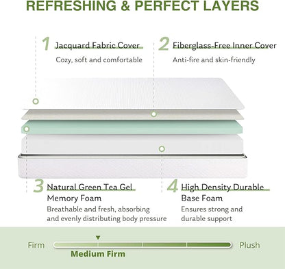 Full Size Memory Foam Mattress, 10 Inch Bed Mattress in a Box with Cooling Green Tea Gel, Relieve Pressure with Medium Support, CertiPUR-US Certified, 75''L x 54''W, White
