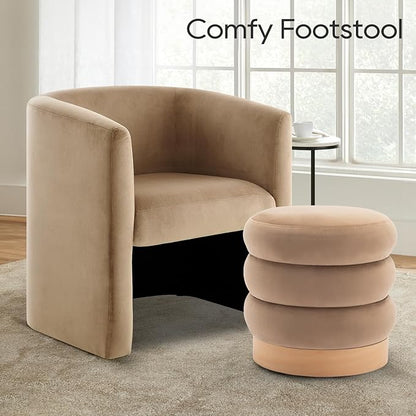 COLAMY Velvet Ottoman Footstool, Tufted Modern Foot Rest Stool with Wood Base for Living Room, Bedroom, Desk, Round Versatile Side End Table, Pouf, Makeup Seat, Camel
