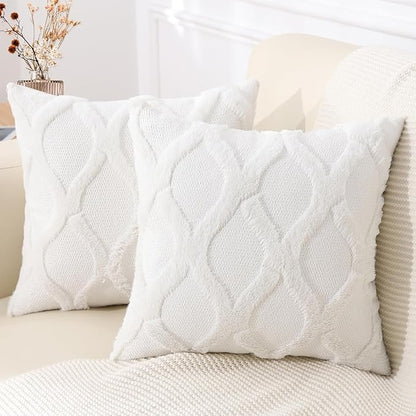 decorUhome Throw Pillow Covers 16x16 Inch Set of 2, Soft Plush Faux Fur Wool Cream White Couch Pillow Covers, Decorative Neutral Pillow Cases for Bed Sofa Living Room Home Decor