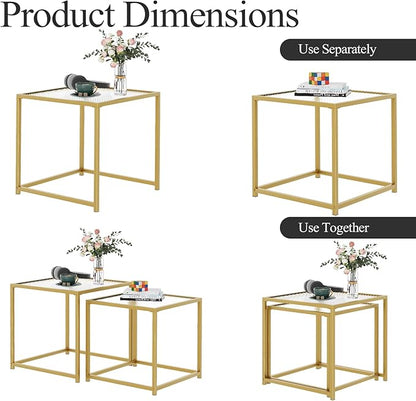 Garden 4 you Coffee Table Set of 2, Modern Patterned Glass Nesting Table, Metal Frame Square Center Table Set, Side Tables, Nesting Coffee Table for Living Room, Bedroom and Small Spaces, 19.7in Gold