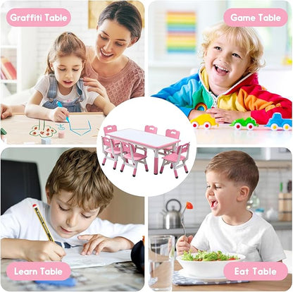 Kids Table and Chairs Set, Height Adjustable Desk With 6 Seats for Ages 3-12,Arts & Crafts Table,Graffiti Desktop, Non-Slip Legs, Max 300lbs, Children Multi-Activity Table for Classrooms,Daycares,Home