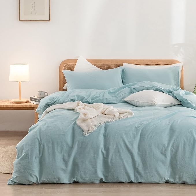 BESTOUCH Duvet Cover Set 100% Washed Cotton Linen Feel Super Soft Comfortable Chic Lightweight 3 PCs Home Bedding Set Solid Hushed Green Queen