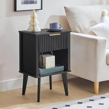 End Table, Fluted Night Stand, Modern Side Table, Bedside Table with 1 Drawer and 1 Open Compartment, Mid Century Nightstand, for Living Room, Bedroom, Study, Office, Black ETBK6201