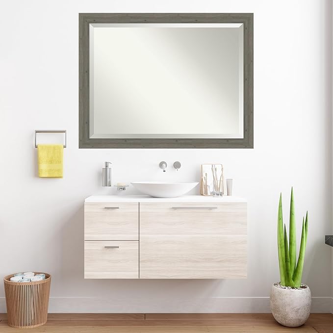 Amanti Art Grey Wall Mirror 35x45 Fencepost Grey Narrow Rectangle Bathroom Mirror for Wall Decor Living Room, X-Large Country Rustic Wood Frame, Hangs Horizonally and Vertically, Bathroom Decor,