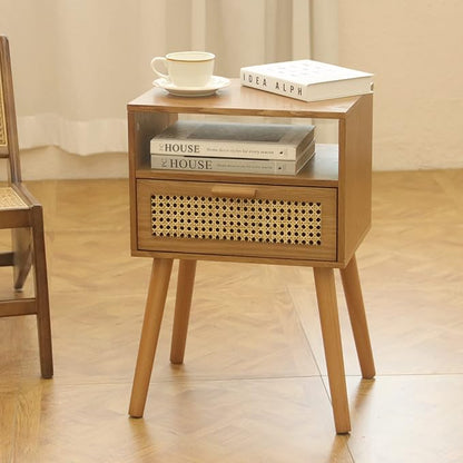 MaxSmeo Mid Century Modern Nightstand with Drawer, Small Nightstand Bedside Table, Rattan Nightstand, Wood End Table for Bedroom, Living Room (Brown)