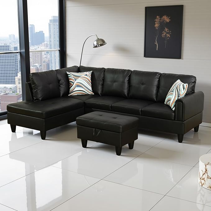 L Shaped Couch Faux Leather Sectional Couch Upholstered 3 Pieces Sofas for Living Room with Chaise, Storage Ottoman for Office and Small Apartment, Classic Black