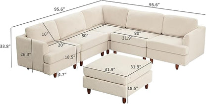 127.5" L/U-Shaped Sectional Couch with Movable Ottoman & 6 Removable Back Cushion, Corduroy Fabric Upholstered 6 Seat Modular Sleeper Sofa,DIY Free Combination Couches for Living Room,Beige