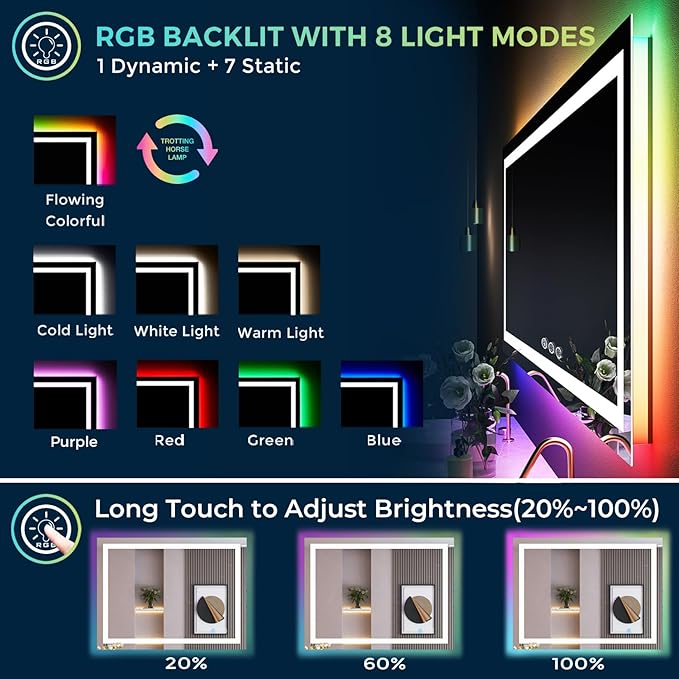 48x32 Inch RGB LED Bathroom Mirror Front Light and RGB Backlit Lighted Vanity Mirror for Bathroom Wall Mounted Dimmable Anti Fog Memory Shatter-Proof IP54 Waterproof Horizontal/Vertical