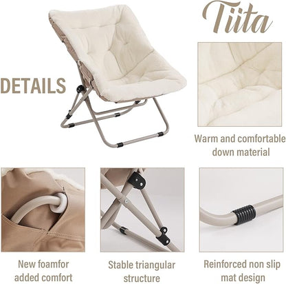 Tiita Folded Chair with Ottoman, Soft Faux Fur Oversized Folding Accent Chair,Lounge Lazy Chair, Metal Frame Moon Chair for Bedroom, Living Room, Dorm Rooms, Garden and Courtyard