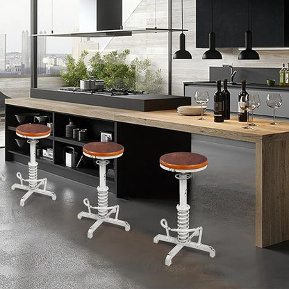 American Antique Steampunk Bar Stool 24.41"-28.35" Vintage Industrial Adjustable Swivel Backless Counter Stool for Home, Dining, Breakfast, Pub, (Heavy Duty Metal & Wood, Aged White, Brown Top)