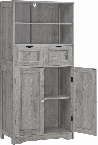 Iwell Tall Storage Cabinet with 2 Drawers & Adjustable Shelf, Bathroom Cabinet with Doors, Cupboard, Kitchen Cabinets for Living Room, Dining Room, Entryway, Grey