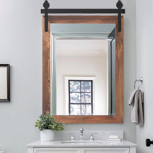YOSHOOT Farmhouse Barn Door Mirror, 32"x24" Rustic Wood Framed Wall Mirror, Wall Mounted Vintage Mirror, Wooden Farmhouse Style for Bathroom Living Room Entryway, Brown, Vertical Hanging ONLY