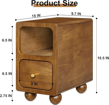 Solid Wood Nightstand, Narrow Night Stand with Drawers, Walnut Mid Century Modern Nightstand, Small Beside Table with Open Storage Shelf for Bedroom (10 inch)