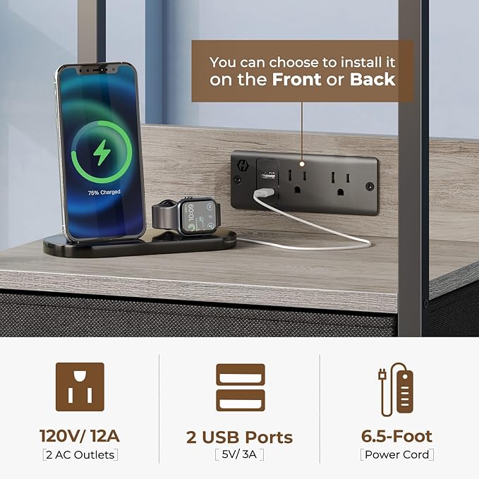 Seventable Nightstand with Charging Station and LED Light, Set of 2 Side Table with 3 Fabric Drawers, Bedside End Table with USB Ports and Outlets, Night Stand for Bedroom, Greige