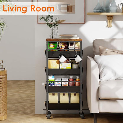 5-Tier Kitchen Storage Cart, Wood Top Rolling Cart Organizer with Pull-Out Baskets & Wheels, Metal Snack Cart with Holder for Fruit, Vegetable, Microwave, Kitchen, Pantry, Black