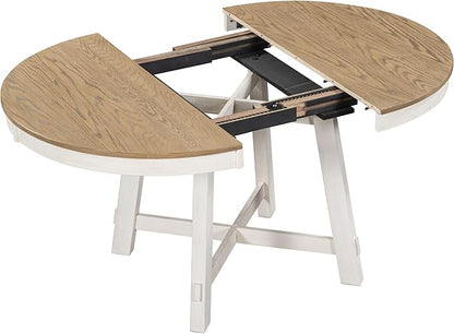 Farmhouse Round Dining Table for 4, Extendable Circle to Oval Wooden Tabletop for 6 with 16" Removable Leaf, X-Shape Trestle Base for Home, Kitchen, Dining/Living Room, Apartment