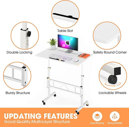 Klvied Small Standing Desk Adjustable Height, Mobile Table with Wheels, Portable Laptop Table, Standing Computer Desk for Walking Pad (White)