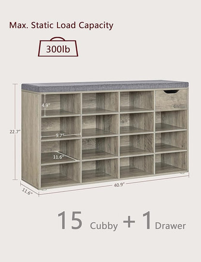DINZI LVJ Shoe Bench, Entryway Storage Bench with Drawer and 15 Cubbies, Cubby Shoe Rack with Adjustable Shelves, Shoe Organizer Cabinet for Living Room, Bedroom, Mudroom and Garage, Gray Wash