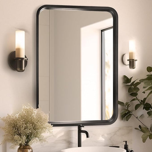 WallBeyond 24x36 Inch Wood Mirror for Bathroom, Wooden Frame Wall Mirror Farmhouse Wall Mounted Rectangle Mirror for Vanity (Horizontal/Vertical Black Color)